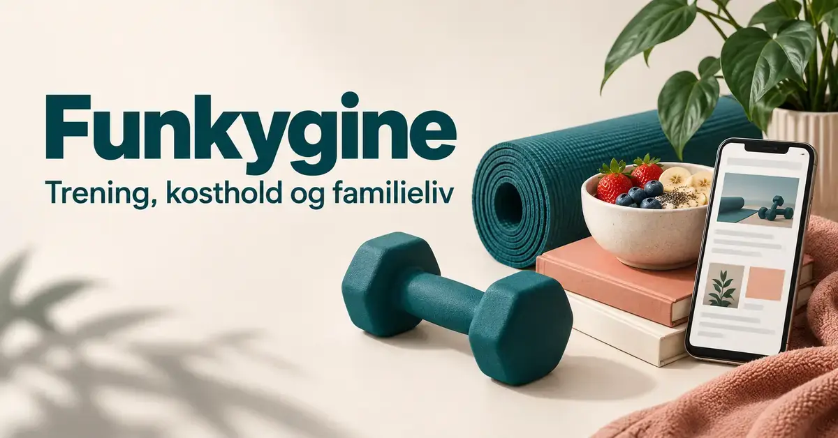 Illustrasjon med teksten «Funkygine – Trening, kosthold og familieliv», en manual, en treningsmatte, en fruktskål, bøker og en mobiltelefon med blogginnhold.