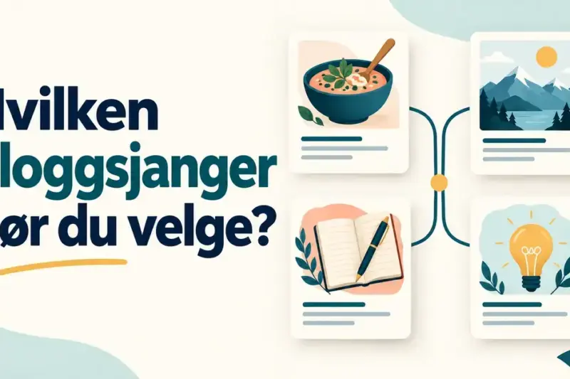 Illustrasjon med teksten «Hvilken bloggsjanger bør du velge?» og fire kort som viser mat, reise, personlig skriving og kunnskap.
