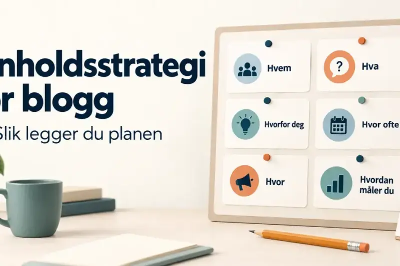 Illustrasjon av en planleggingstavle med seks spørsmål for en innholdsstrategi for blogg, omgitt av en kalender, blyant og kaffekopp.
