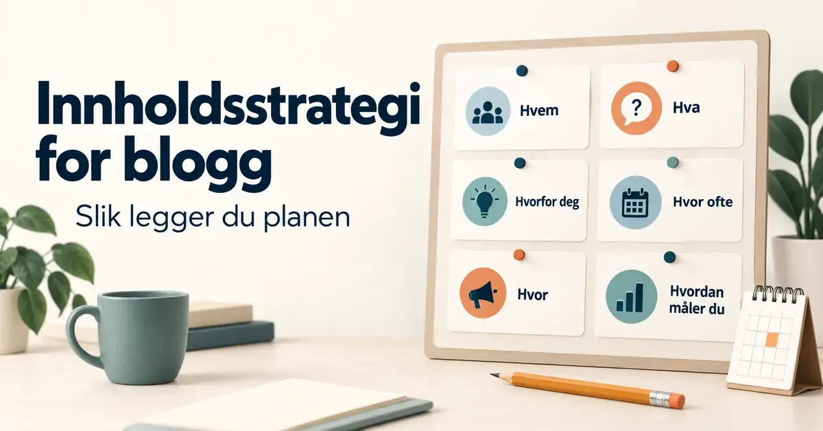 Illustrasjon av en planleggingstavle med seks spørsmål for en innholdsstrategi for blogg, omgitt av en kalender, blyant og kaffekopp.