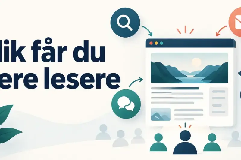 Illustrasjon av en blogg omgitt av symboler for søk, nyhetsbrev, sosiale medier og lenker, med teksten «Slik får du flere lesere».