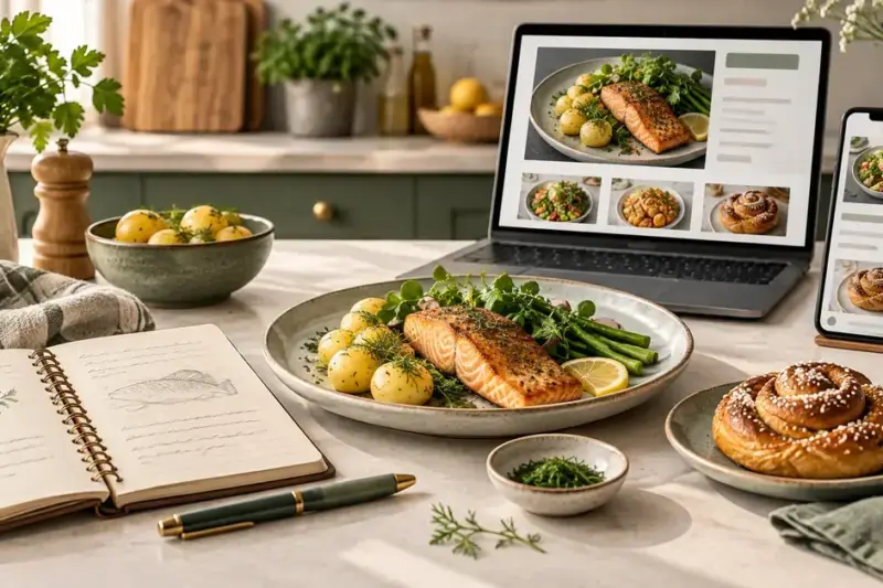 En oppskriftsbok, en lakserett og en kanelbolle på en kjøkkenbenk med matblogger vist på en bærbar datamaskin og en mobiltelefon.