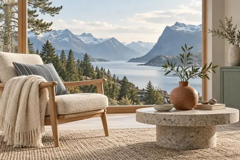 Lyst skandinavisk interiør med lenestol i tre, ullpledd, steinbord og keramikk foran et stort vindu med utsikt over fjord og fjell.