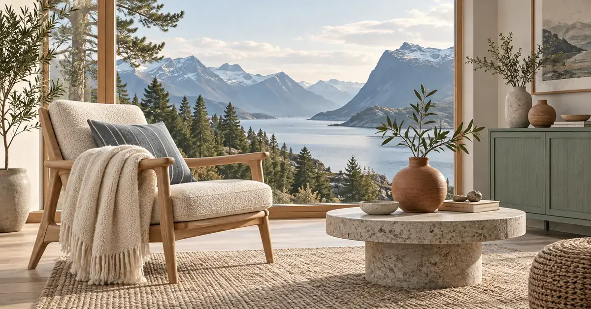 Lyst skandinavisk interiør med lenestol i tre, ullpledd, steinbord og keramikk foran et stort vindu med utsikt over fjord og fjell.