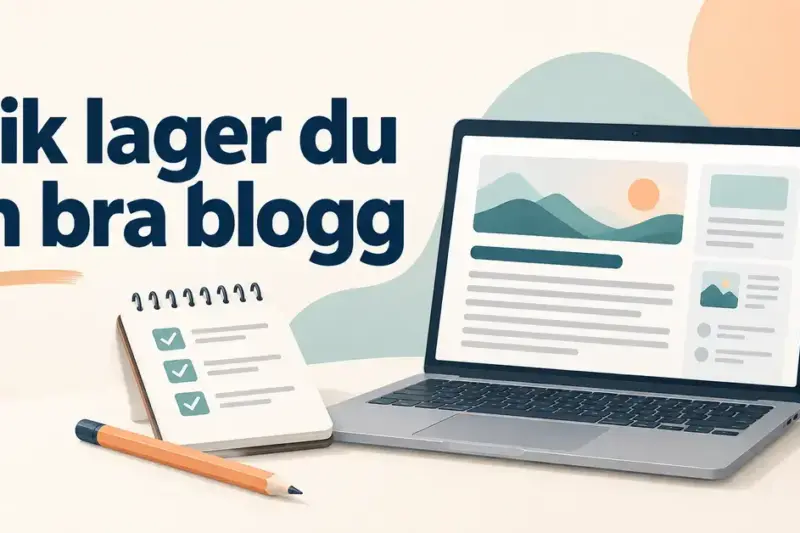 Illustrasjon av en bærbar datamaskin med en bloggside, en sjekkliste og en blyant ved siden av teksten «Slik lager du en bra blogg».