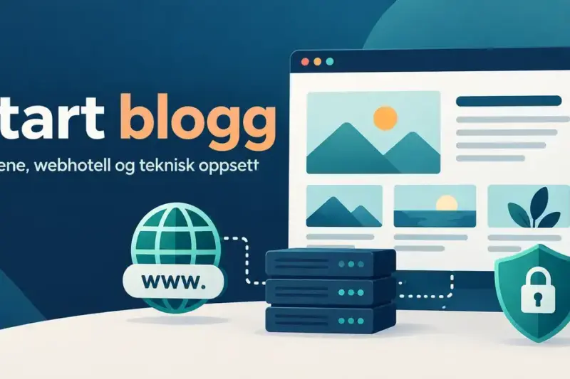 Illustrasjon med teksten «Start blogg», et bloggnettsted, en globus, servere og en hengelås som symboliserer domene, webhotell og sikkert teknisk oppsett.