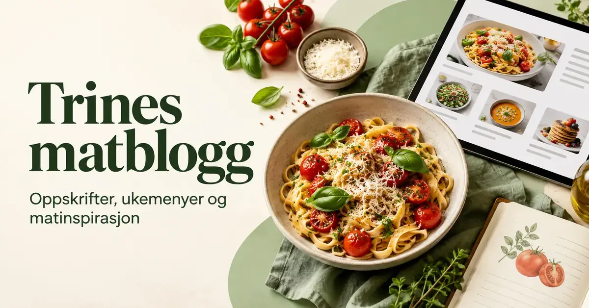 Artikkelbilde med teksten «Trines matblogg», en skål pasta med tomater og basilikum, et nettbrett med matoppskrifter og en åpen oppskriftsbok.