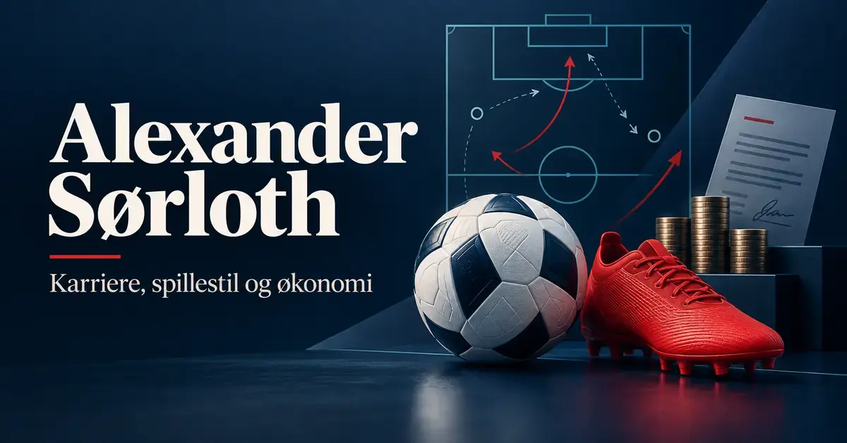 Illustrasjon med fotball, rød fotballsko, taktiske piler, kontrakt og mynter til en artikkel om Alexander Sørloths karriere, spillestil og økonomi.