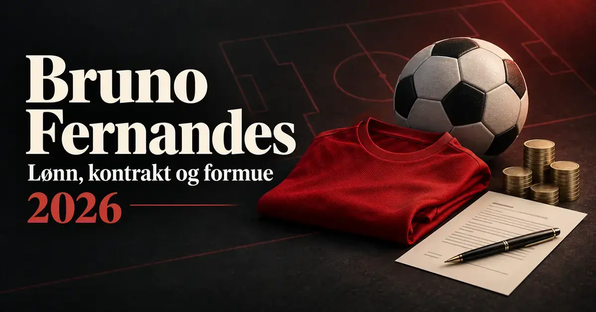 Illustrasjon med fotball, rød drakt, mynter og kontrakt ved siden av teksten «Bruno Fernandes – Lønn, kontrakt og formue 2026».