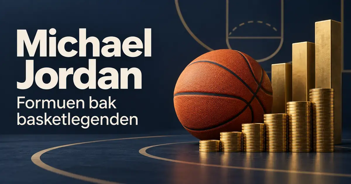 Illustrasjon med en basketball, stabler av gullmynter og stigende gullsøyler ved siden av teksten «Michael Jordan – Formuen bak basketlegenden».