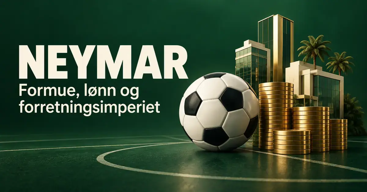 Illustrasjon med fotball, gullmynter og moderne bygninger på grønn bakgrunn, med teksten «Neymar – Formue, lønn og forretningsimperiet».