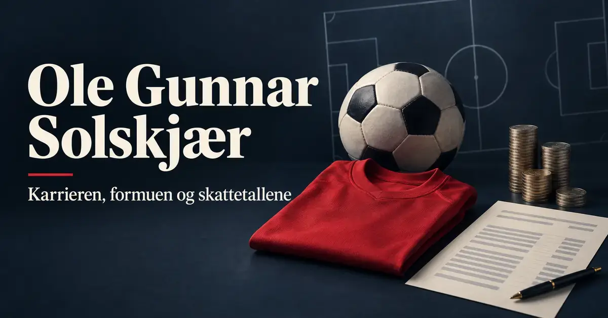 Illustrasjon med fotball, rød fotballdrakt, mynter og et dokument ved siden av teksten «Ole Gunnar Solskjær – Karrieren, formuen og skattetallene».