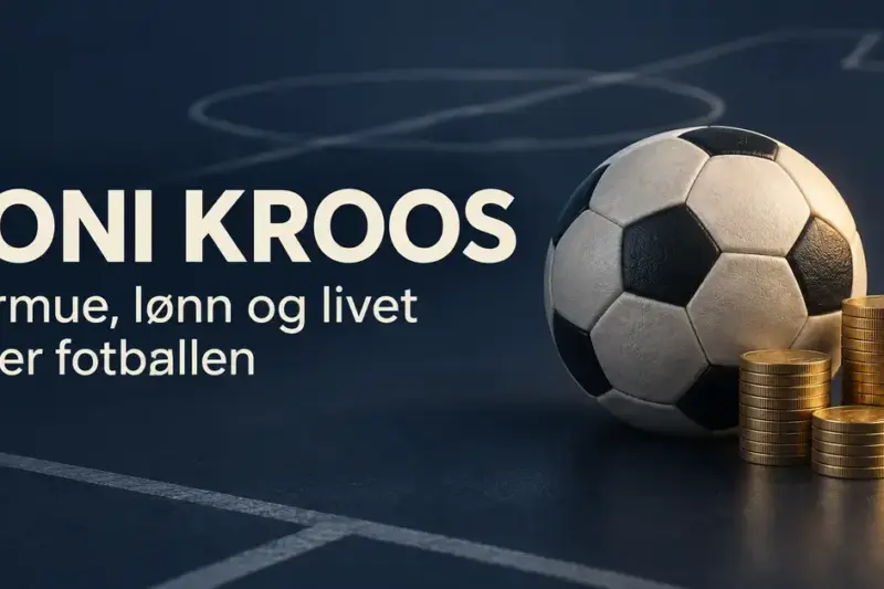 Fotball og stabler med gullmynter på mørk blå bakgrunn med teksten «Toni Kroos – Formue, lønn og livet etter fotballen».