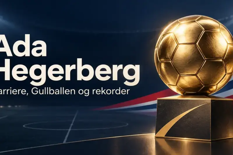Grafikk med en gyllen fotball på sokkel foran en mørk fotballstadion og teksten «Ada Hegerberg – Karriere, Gullballen og rekorder».