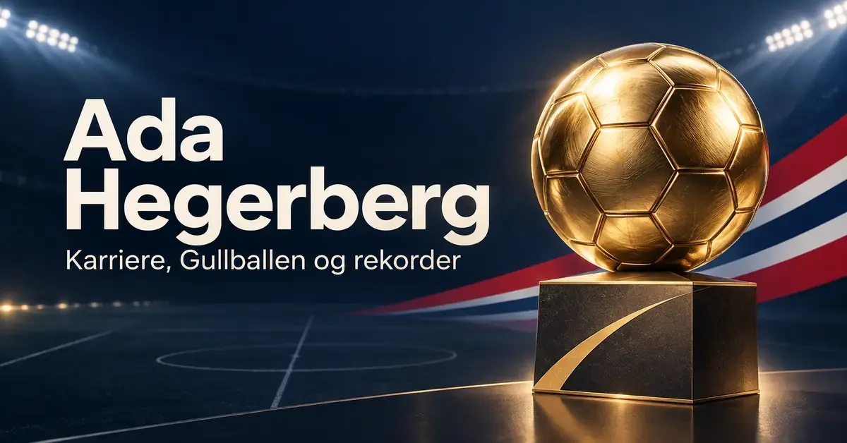 Grafikk med en gyllen fotball på sokkel foran en mørk fotballstadion og teksten «Ada Hegerberg – Karriere, Gullballen og rekorder».