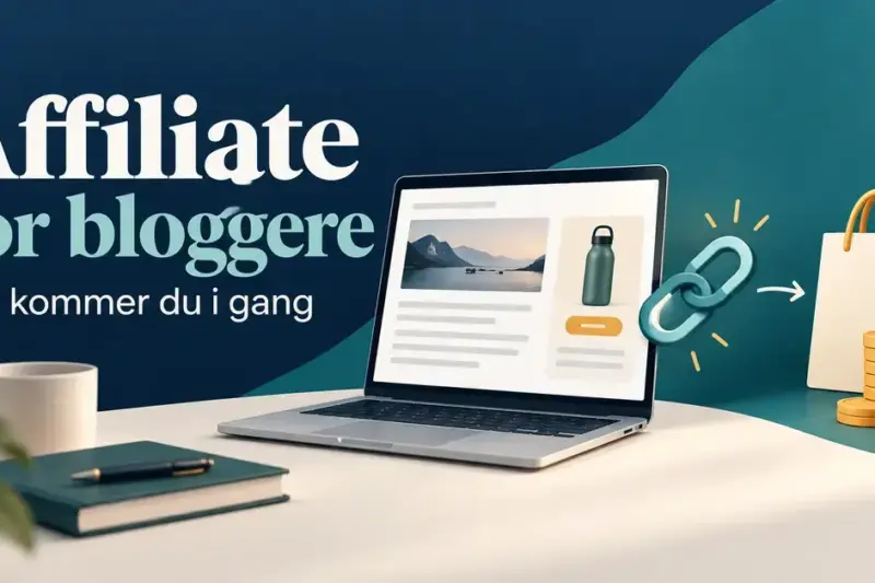 Illustrasjon av en blogg på en bærbar datamaskin, en lenke, en handlepose og mynter, med teksten «Affiliate for bloggere – Slik kommer du i gang».