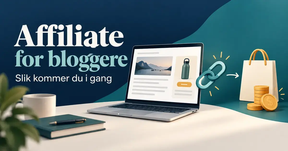 Illustrasjon av en blogg på en bærbar datamaskin, en lenke, en handlepose og mynter, med teksten «Affiliate for bloggere – Slik kommer du i gang».