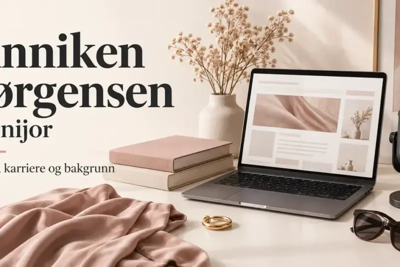 Illustrasjon med teksten «Anniken Jørgensen – Annijor: Blogg, karriere og bakgrunn» sammen med en bærbar datamaskin, bøker, mikrofon, smykke og stoff i duse farger.