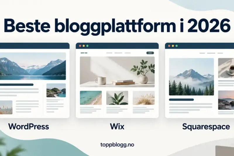 Illustrasjon av tre bloggoppsett merket WordPress, Wix og Squarespace under overskriften «Beste bloggplattform i 2026».