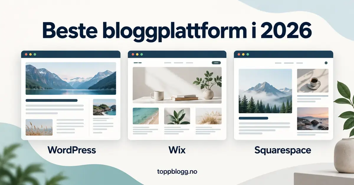Illustrasjon av tre bloggoppsett merket WordPress, Wix og Squarespace under overskriften «Beste bloggplattform i 2026».