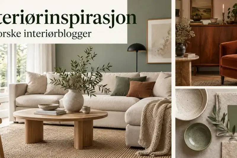 Interiørkollasj med lys skandinavisk stue, en vintagekrok med rustfarget lenestol og materialprøver, med teksten «Interiørinspirasjon – 10 norske interiørblogger».