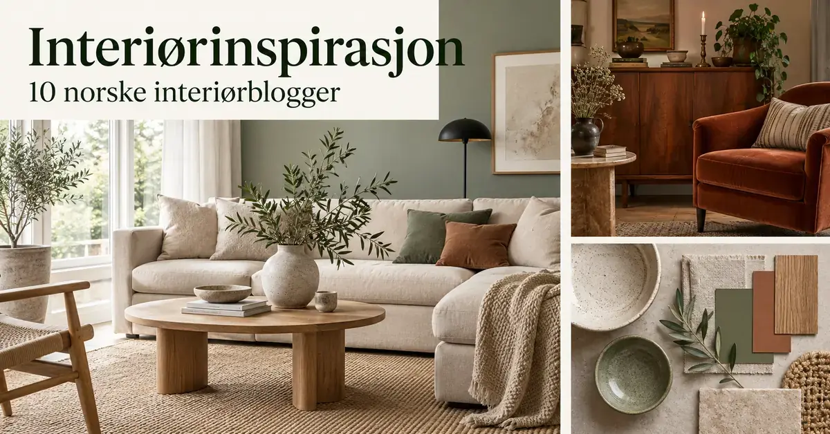 Interiørkollasj med lys skandinavisk stue, en vintagekrok med rustfarget lenestol og materialprøver, med teksten «Interiørinspirasjon – 10 norske interiørblogger».