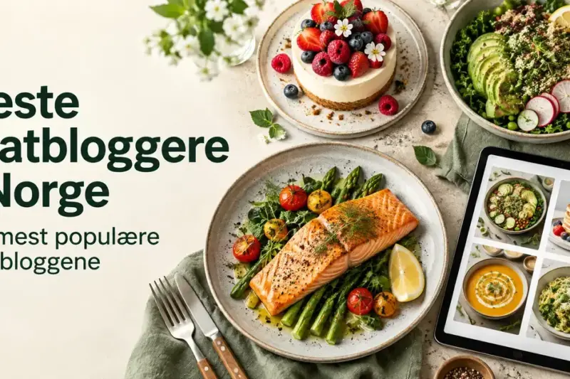 Artikkelbilde med teksten «Beste matbloggere i Norge», laksemiddag, salat, bærkake og et nettbrett med matbilder.