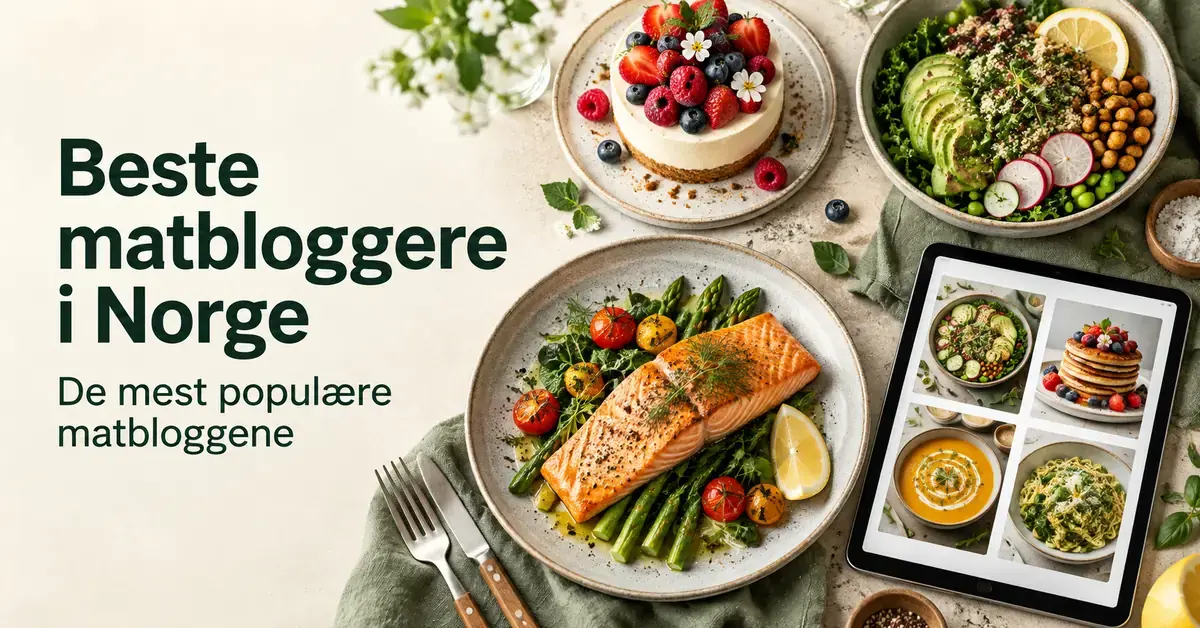 Artikkelbilde med teksten «Beste matbloggere i Norge», laksemiddag, salat, bærkake og et nettbrett med matbilder.
