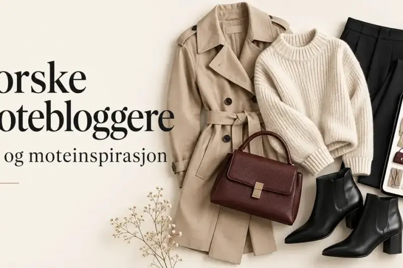Motekollasj med beige trenchcoat, strikkegenser, svarte bukser og ankelstøvletter, burgunderrød veske og mobil med antrekksinspirasjon, ved siden av teksten «Norske motebloggere – Stil- og moteinspirasjon».