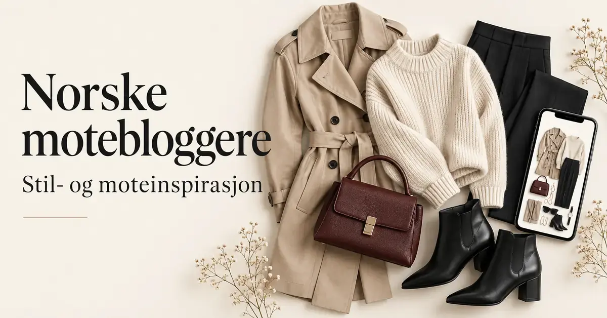 Motekollasj med beige trenchcoat, strikkegenser, svarte bukser og ankelstøvletter, burgunderrød veske og mobil med antrekksinspirasjon, ved siden av teksten «Norske motebloggere – Stil- og moteinspirasjon».