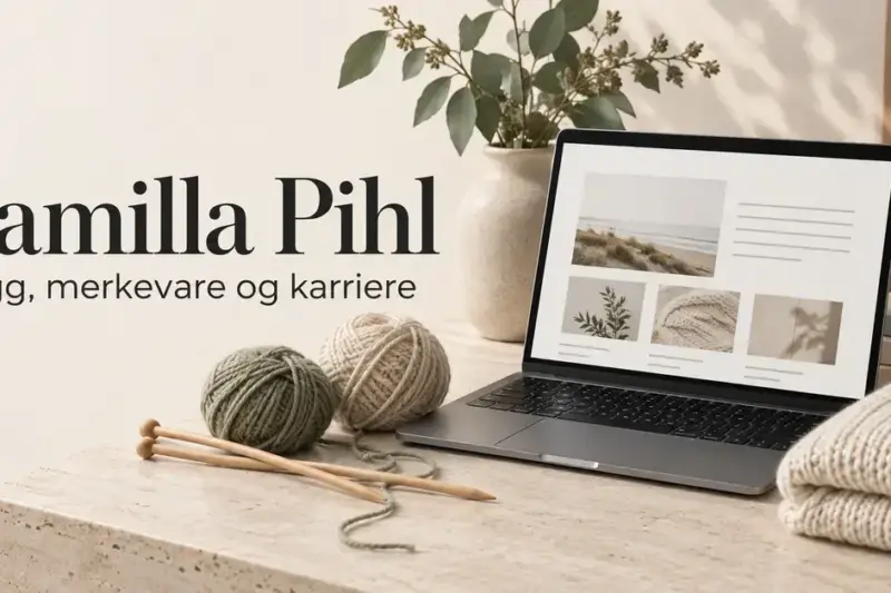 Illustrasjon med teksten «Camilla Pihl – Blogg, merkevare og karriere», en bærbar datamaskin, garnnøster, strikkepinner og brettede strikkeplagg.