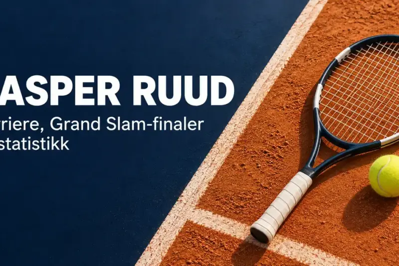 Tennisracket og gul tennisball på en grusbane ved siden av teksten «Casper Ruud – Karriere, Grand Slam-finaler og statistikk» på mørkeblå bakgrunn.