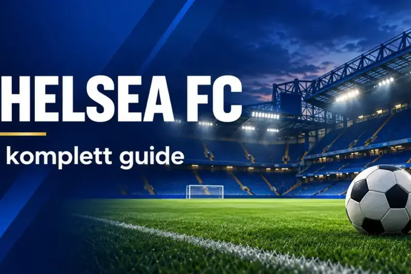 Illustrasjon av en fotball på en flombelyst stadion med blå tribuner og teksten «Chelsea FC – En komplett guide».