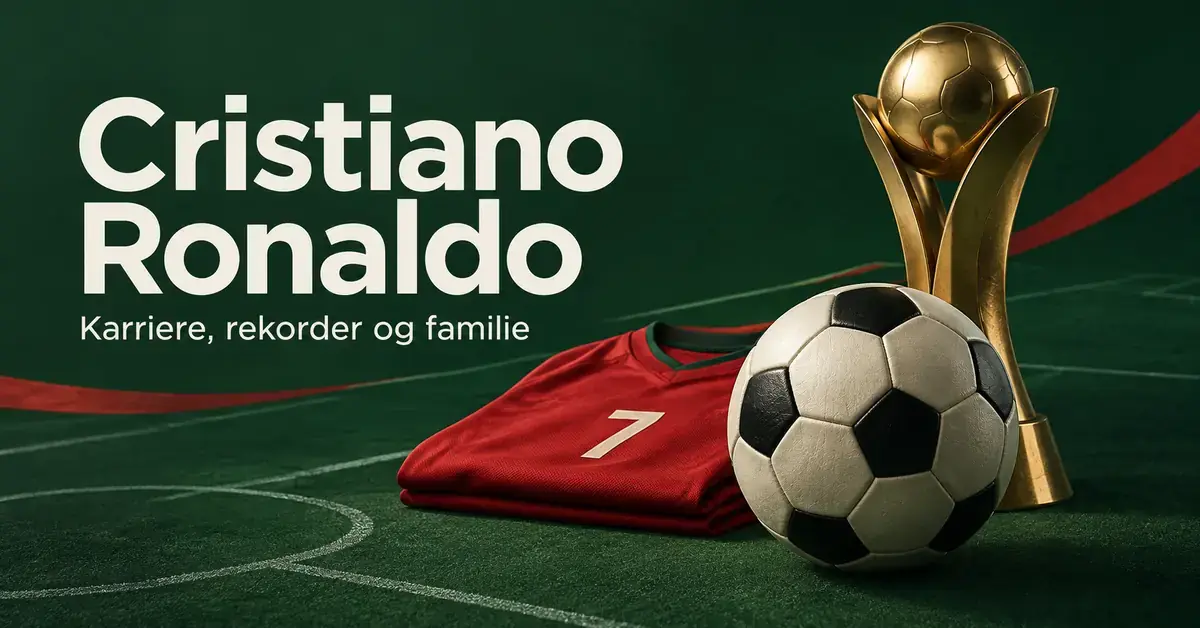 Illustrasjon med fotball, gullpokal og rød drakt med nummer 7 på grønn bakgrunn, med teksten «Cristiano Ronaldo – Karriere, rekorder og familie».