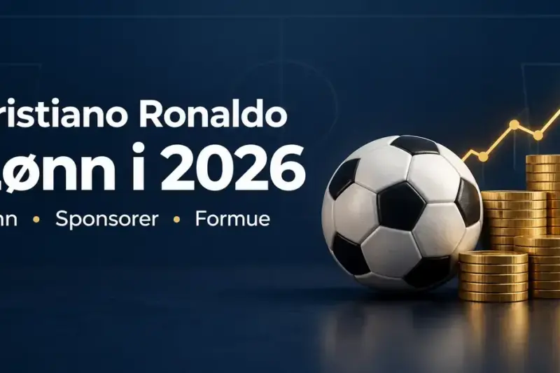Grafikk med fotball, gullmynter og en stigende kurve som illustrerer Cristiano Ronaldos lønn, sponsorinntekter og formue i 2026.