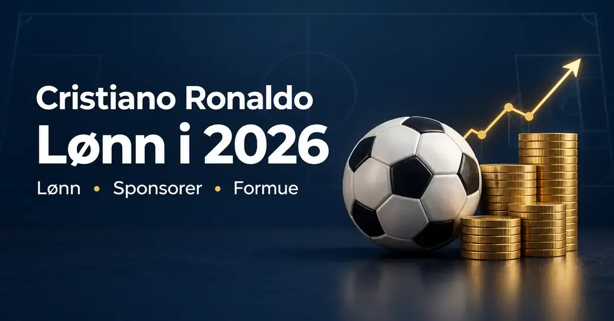 Grafikk med fotball, gullmynter og en stigende kurve som illustrerer Cristiano Ronaldos lønn, sponsorinntekter og formue i 2026.