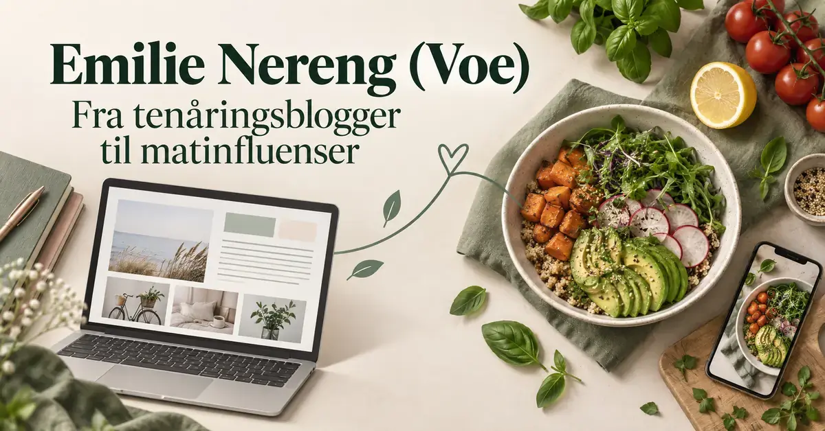 Illustrasjon av en bærbar datamaskin med en blogg, en fargerik salatbolle og en mobil med matbilde, med teksten «Emilie Nereng (Voe) – Fra tenåringsblogger til matinfluenser».