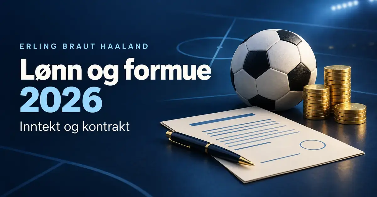 Illustrasjon av en fotball, gullmynter og en kontrakt med teksten «Erling Braut Haaland – Lønn og formue 2026 – Inntekt og kontrakt».