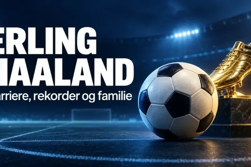 Grafisk illustrasjon med en fotball og en gyllen fotballsko på en opplyst stadion, med teksten «Erling Haaland – Karriere, rekorder og familie».