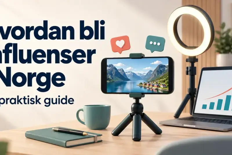 Illustrasjon med teksten «Hvordan bli influenser i Norge – En praktisk guide», en mobil på stativ med et norsk fjordmotiv, en ringlampe og en bærbar datamaskin med en vekstgraf.
