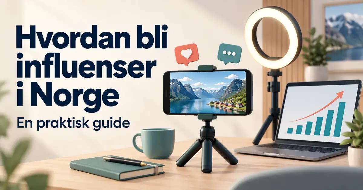 Illustrasjon med teksten «Hvordan bli influenser i Norge – En praktisk guide», en mobil på stativ med et norsk fjordmotiv, en ringlampe og en bærbar datamaskin med en vekstgraf.