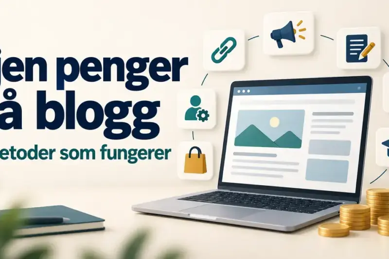 Illustrasjon av en bærbar datamaskin med en blogg, mynter og sju symboler for inntektskilder, med teksten «Tjen penger på blogg – 7 metoder som fungerer».
