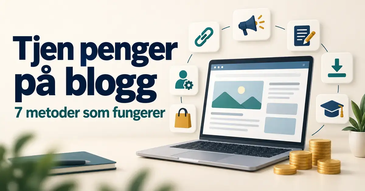 Illustrasjon av en bærbar datamaskin med en blogg, mynter og sju symboler for inntektskilder, med teksten «Tjen penger på blogg – 7 metoder som fungerer».