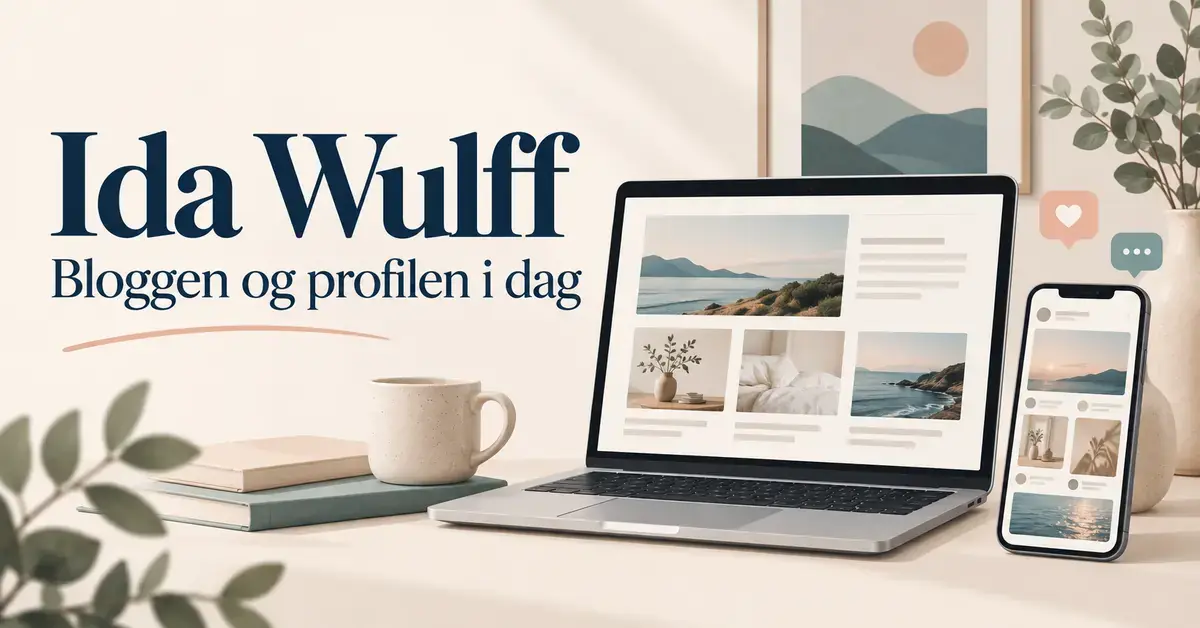 Illustrasjon av en bærbar datamaskin og mobil med blogginnhold, ved siden av teksten «Ida Wulff – Bloggen og profilen i dag».