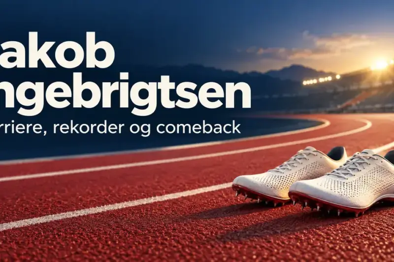 Piggsko på en rød friidrettsbane i kveldslys med teksten «Jakob Ingebrigtsen – Karriere, rekorder og comeback».