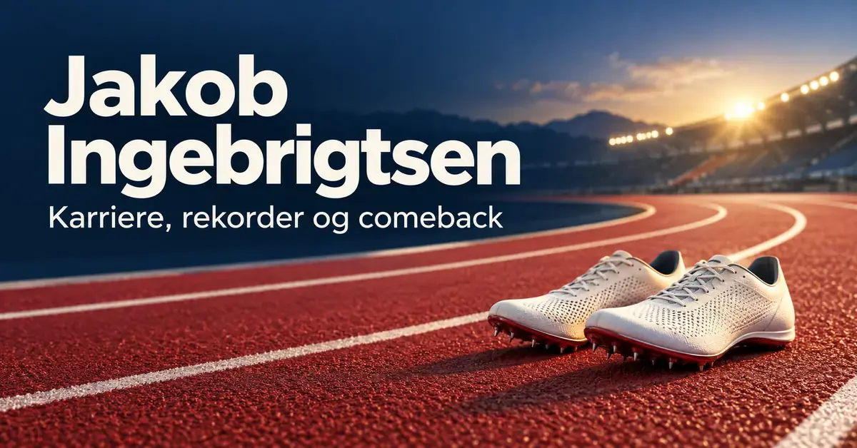 Piggsko på en rød friidrettsbane i kveldslys med teksten «Jakob Ingebrigtsen – Karriere, rekorder og comeback».