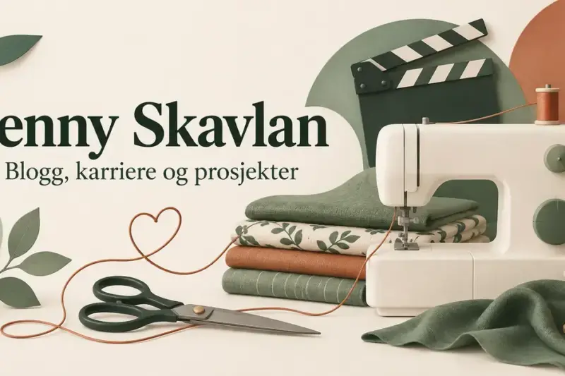 Illustrasjon med symaskin, tekstiler, saks, trådsneller og filmklapper ved siden av teksten «Jenny Skavlan – Blogg, karriere og prosjekter».