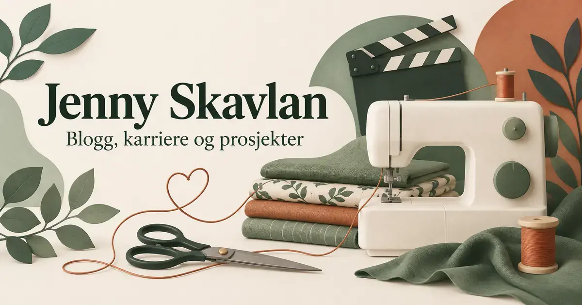 Illustrasjon med symaskin, tekstiler, saks, trådsneller og filmklapper ved siden av teksten «Jenny Skavlan – Blogg, karriere og prosjekter».