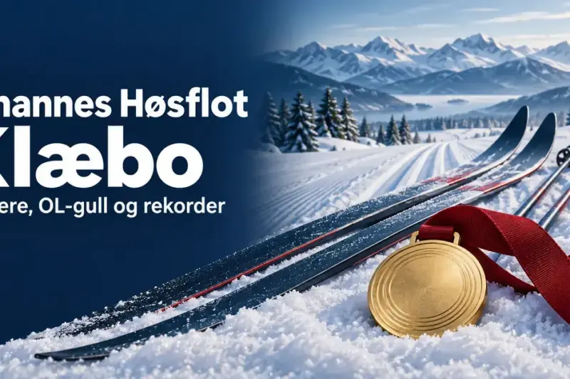 Illustrasjon av langrennsski, skistaver og en gullmedalje i et snødekt fjellandskap, med teksten «Johannes Høsflot Klæbo – Karriere, OL-gull og rekorder».