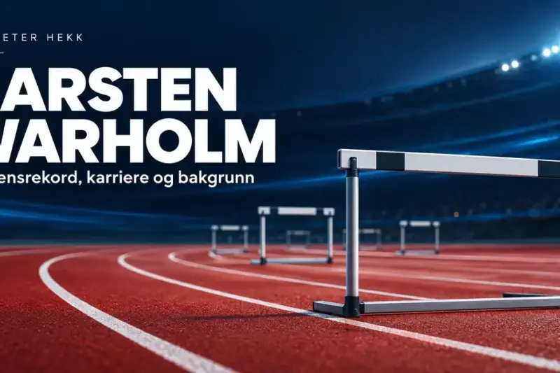 Illustrasjon av hekker på en rød friidrettsbane med teksten «Karsten Warholm – Verdensrekord, karriere og bakgrunn».